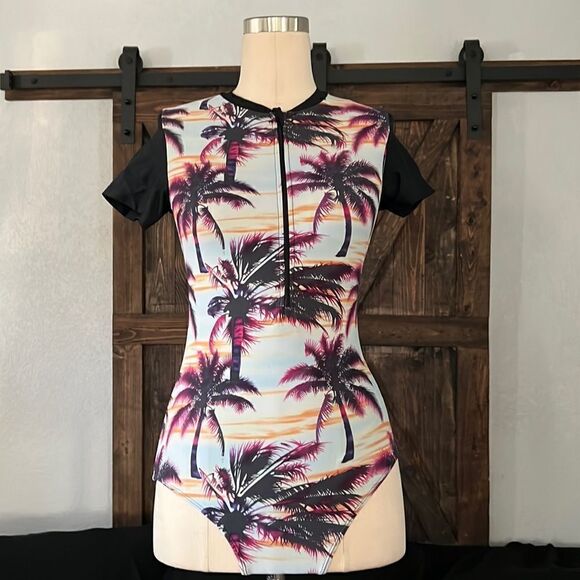 Tropical Palm Tree Prints One Piece Swimsuit Zipper Front Swimwear Small - Picture 4 of 15
